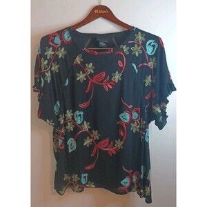 LIV Los Angeles Peasant Top Blouse 2X Boho Embroidered Floral Shortsleeve